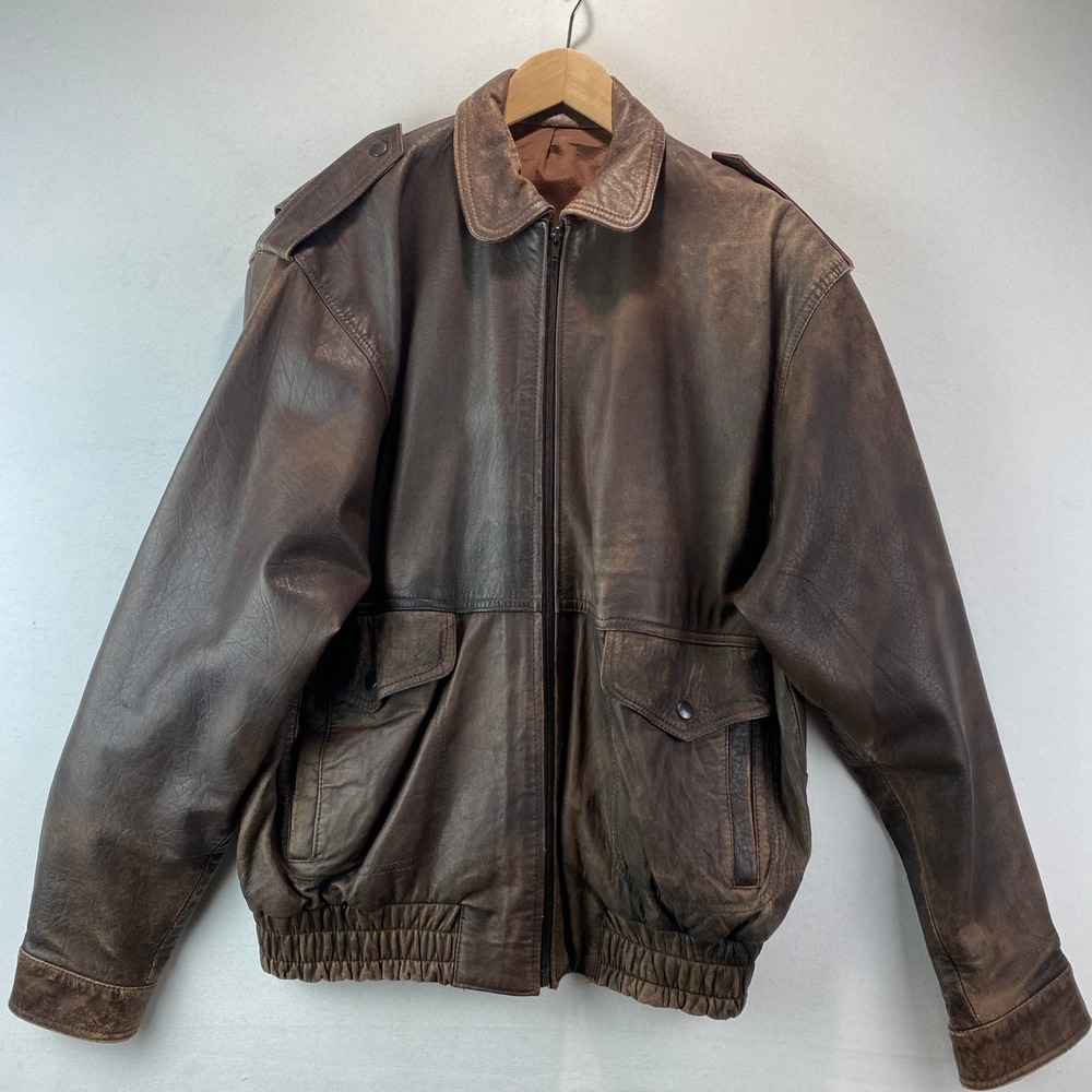 VTG Montevideo Leather Factory Bomber Jacket Mens L Brown Antilope Uruguay Zip